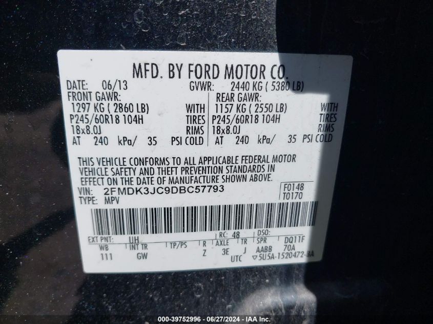 2013 FORD EDGE SEL - 2FMDK3JC9DBC57793