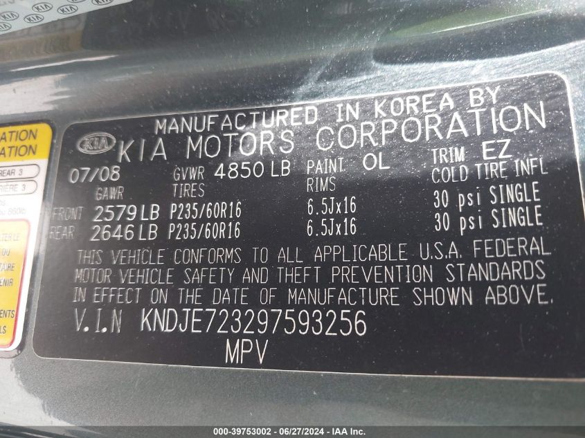 2009 Kia Sportage Ex V6 VIN: KNDJE723297593256 Lot: 39753002