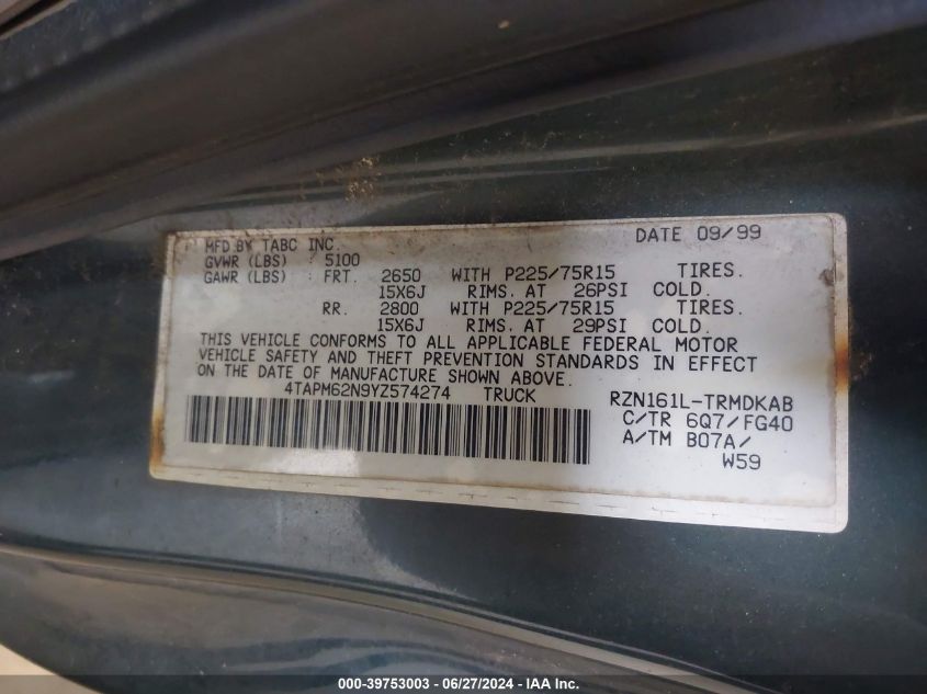 2000 Toyota Tacoma VIN: 4TAPM62N9YZ574274 Lot: 39753003