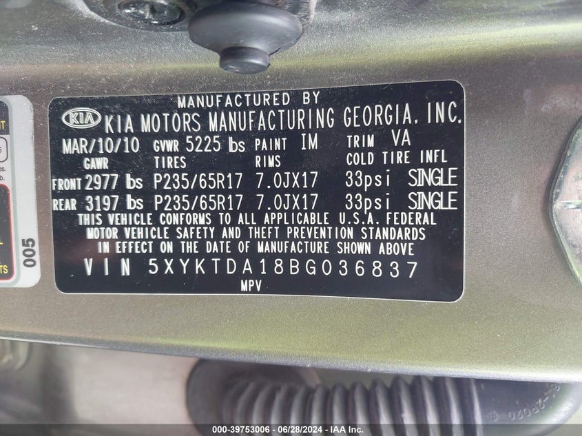 2011 Kia Sorento Lx VIN: 5XYKTDA18BG036837 Lot: 39753006