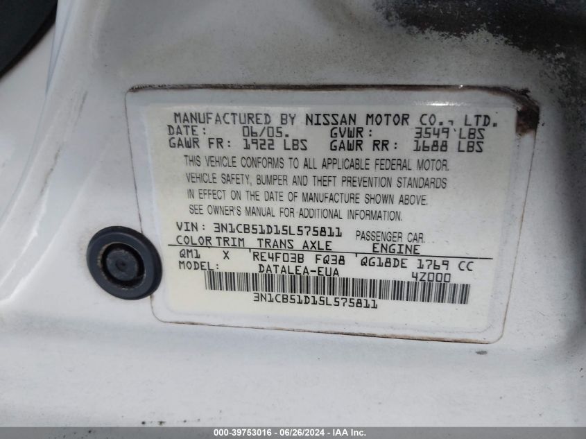 2005 Nissan Sentra 1.8S VIN: 3N1CB51D15L575811 Lot: 39753016