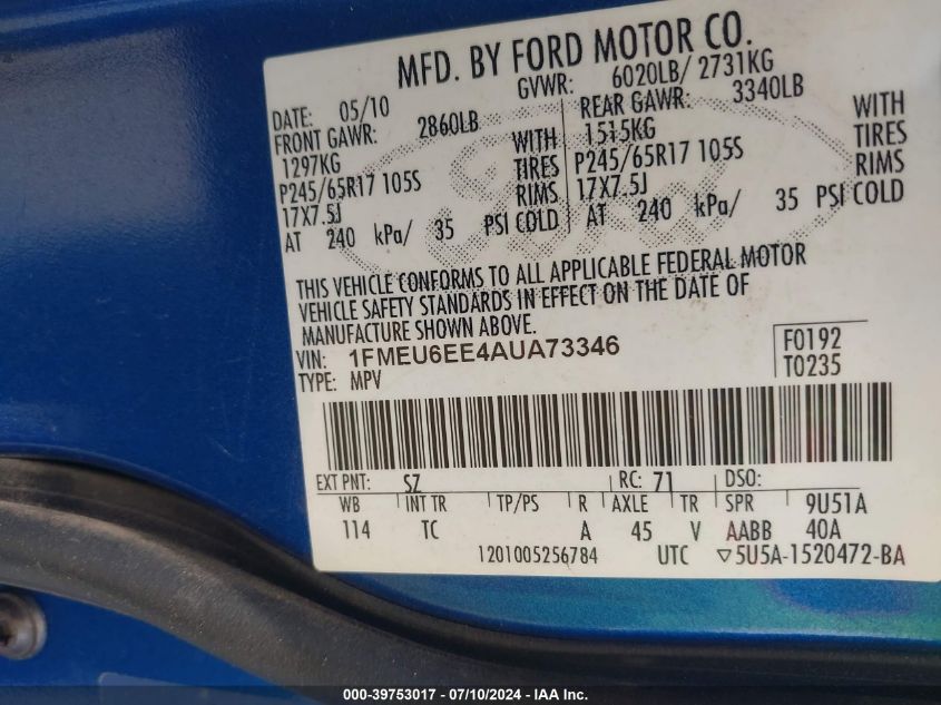 2010 Ford Explorer Eddie Bauer VIN: 1FMEU6EE4AUA73346 Lot: 39753017