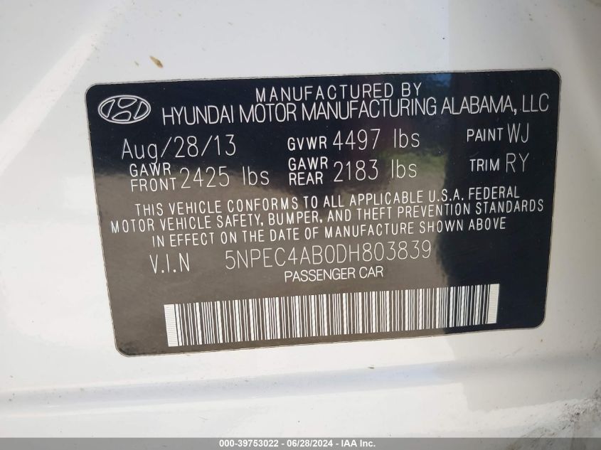 2013 Hyundai Sonata Se 2.0T VIN: 5NPEC4AB0DH803839 Lot: 39753022
