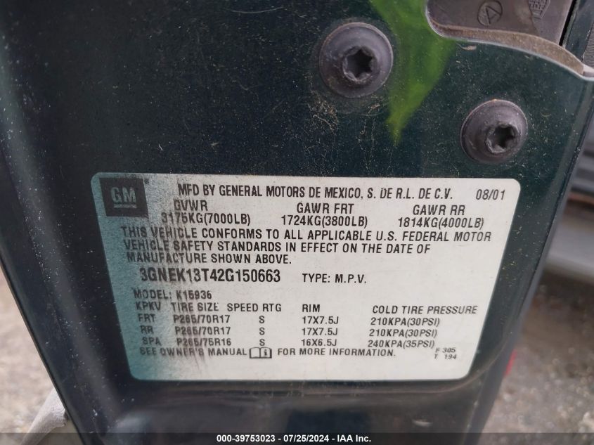 2002 Chevrolet Avalanche 1500 VIN: 3GNEK13T42G150663 Lot: 39753023