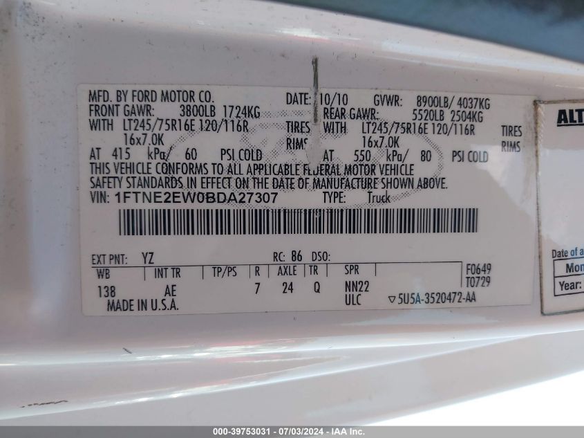 2011 Ford E-250 Commercial VIN: 1FTNE2EW0BDA27307 Lot: 39753031