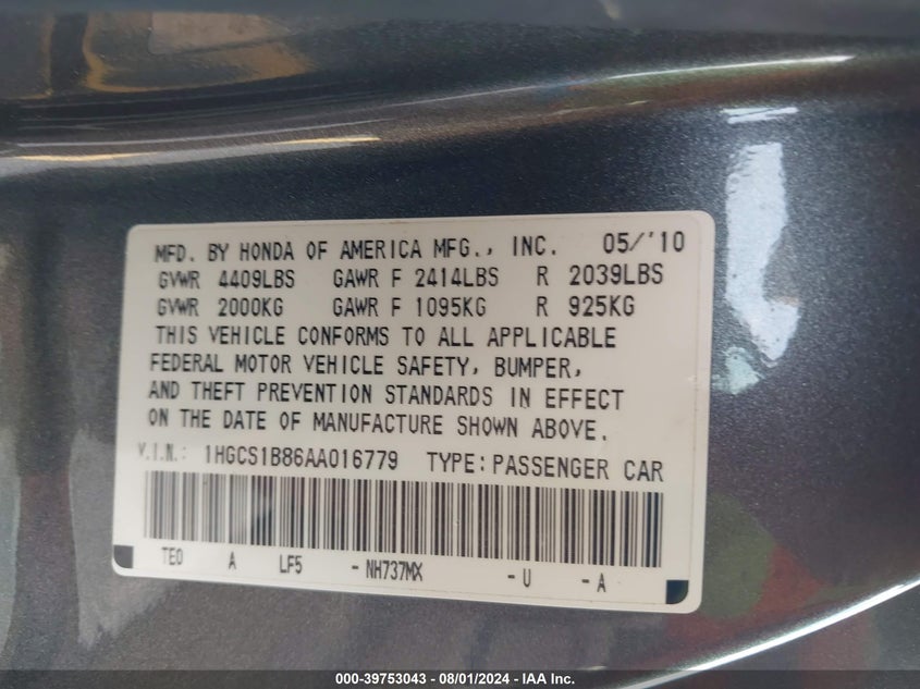 2010 Honda Accord 2.4 Ex-L VIN: 1HGCS1B86AA016779 Lot: 39753043