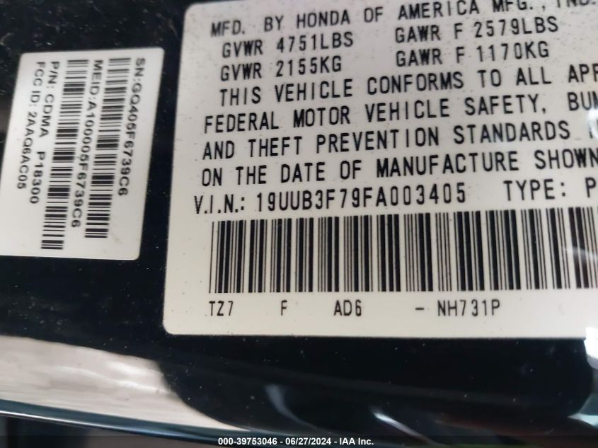 2015 Acura Tlx Advance VIN: 19UUB3F79FA003405 Lot: 39753046