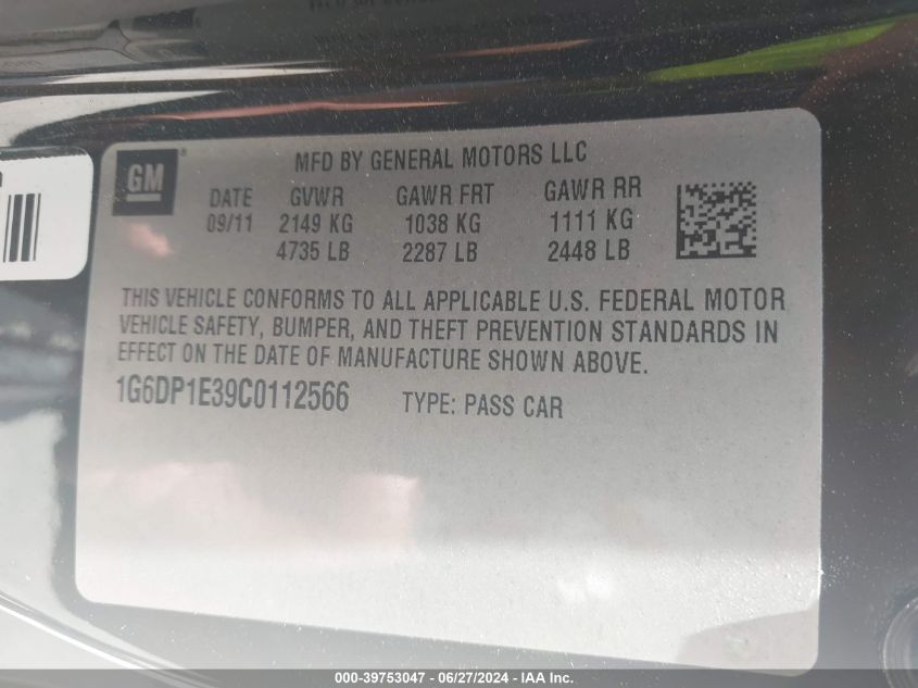 2012 Cadillac Cts Premium VIN: 1G6DP1E39C0112566 Lot: 39753047