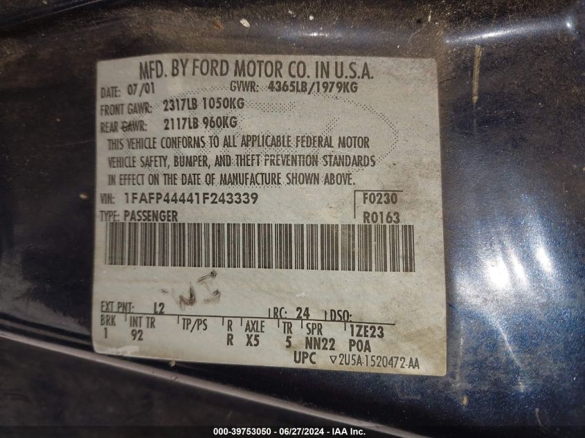 2001 Ford Mustang VIN: 1FAFP44441F243339 Lot: 39753050