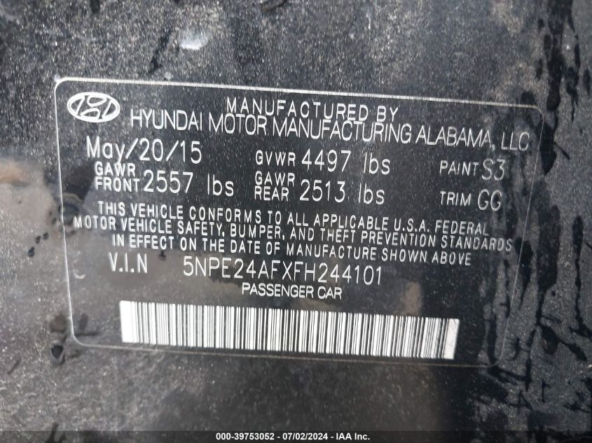 2015 Hyundai Sonata Se VIN: 5NPE24AFXFH244101 Lot: 39753052