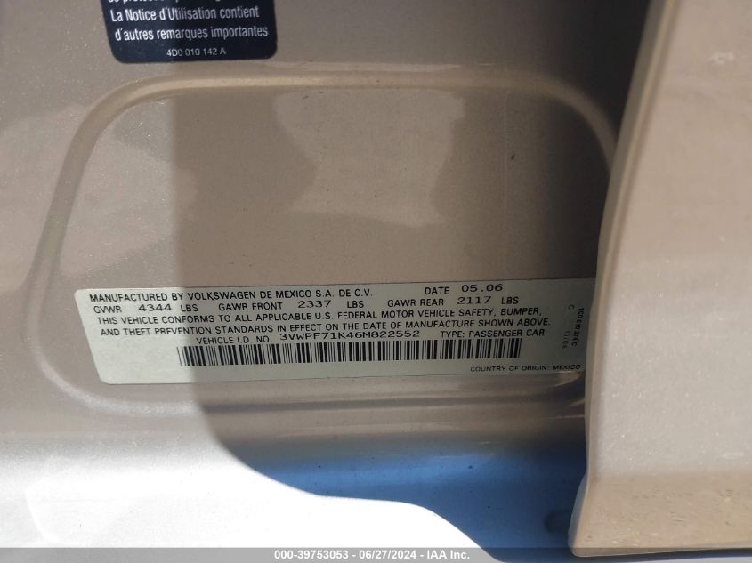 2006 Volkswagen Jetta Value Edition VIN: 3VWPF71K46M822552 Lot: 39753053