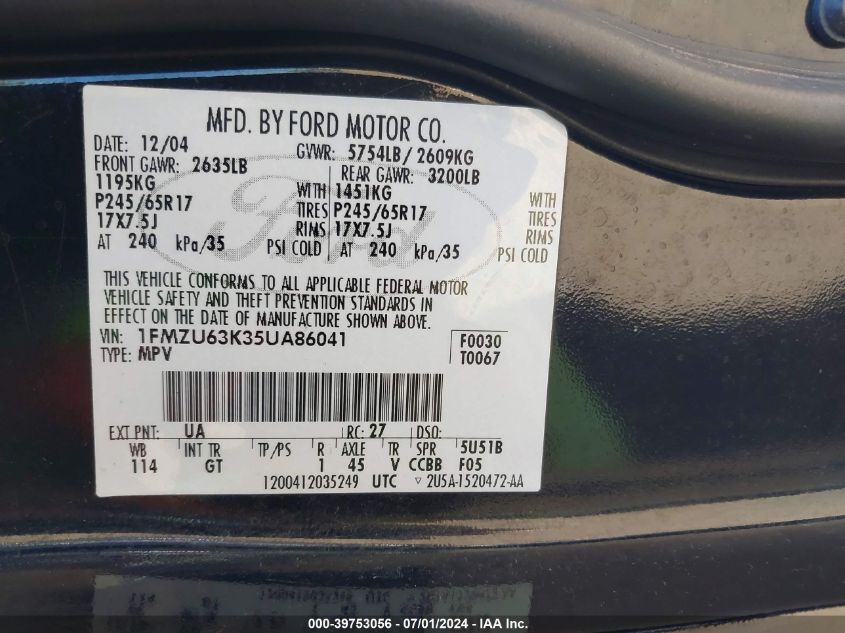 2005 Ford Explorer Xlt/Xlt Sport VIN: 1FMZU63K35UA86041 Lot: 39753056