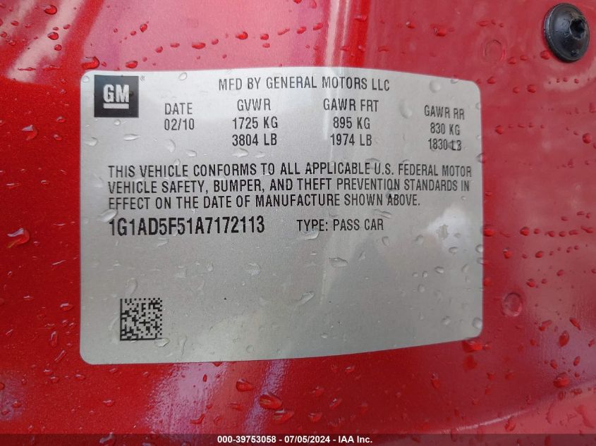 2010 Chevrolet Cobalt Lt VIN: 1G1AD5F51A7172113 Lot: 39753058