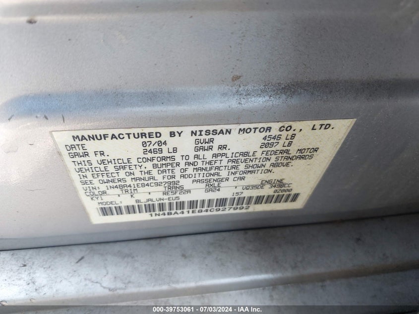 2004 Nissan Maxima Se/Sl VIN: 1N4BA41E84C927992 Lot: 39753061