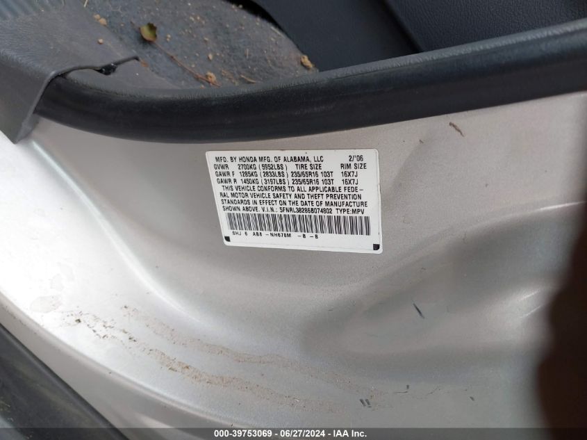 2006 Honda Odyssey Lx VIN: 5FNRL38286B074802 Lot: 39753069