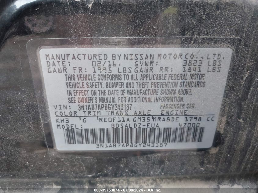 2016 Nissan Sentra S/Sv/Sr/Sl VIN: 3N1AB7AP8GY243187 Lot: 39753074