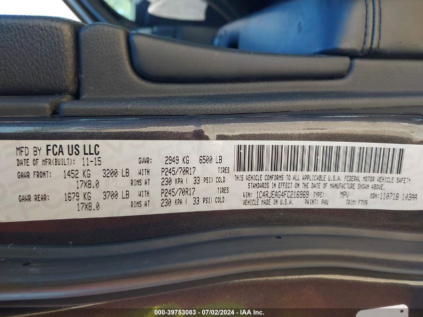 2015 Jeep Grand Cherokee Laredo VIN: 1C4RJEAG4FC216969 Lot: 39753083