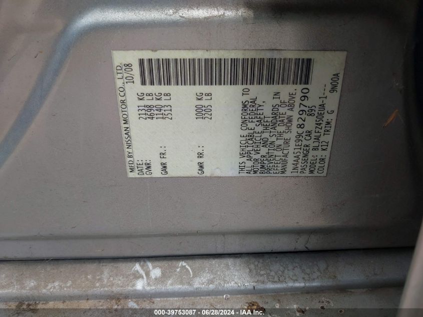 2009 Nissan Maxima 3.5 Sv VIN: 1N4AA51E99C829790 Lot: 39753087