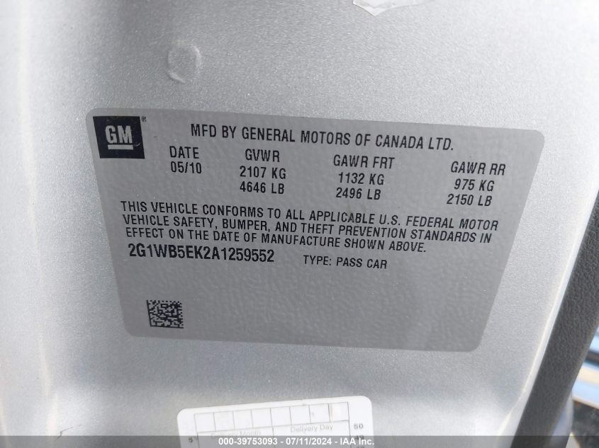 2010 Chevrolet Impala Lt VIN: 2G1WB5EK3A1111135 Lot: 39753093