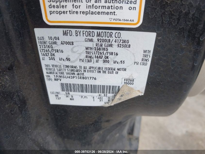 2005 Ford Excursion Limited VIN: 1FMSU43P15EB01776 Lot: 39753126