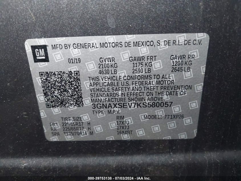 2019 Chevrolet Equinox Ls VIN: 3GNAXSEV7KS580057 Lot: 39753138