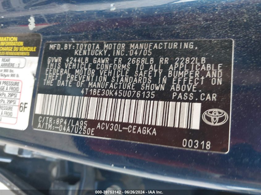 2005 Toyota Camry Xle VIN: 4T1BE30K45U076135 Lot: 39753142