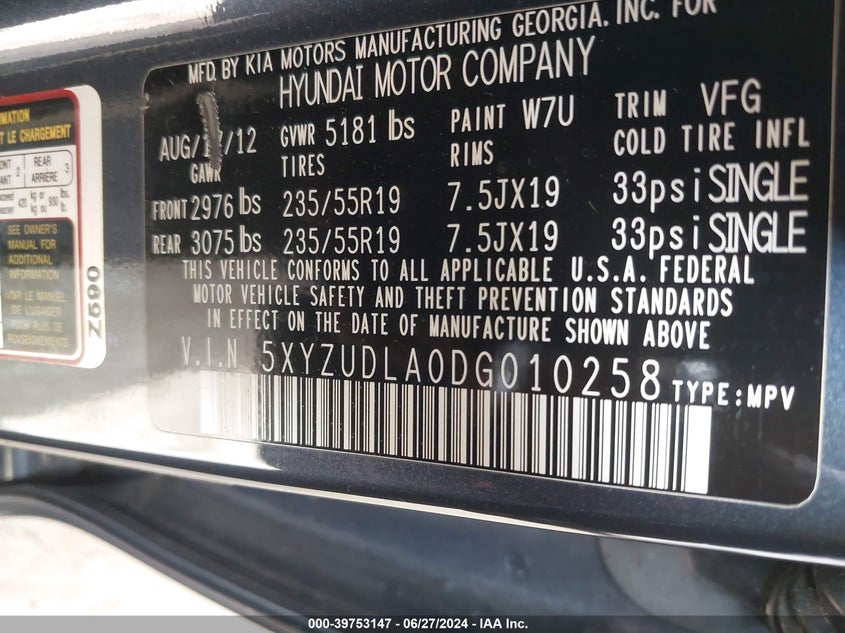 2013 Hyundai Santa Fe VIN: 5XYZUDLA0DG010258 Lot: 39753147