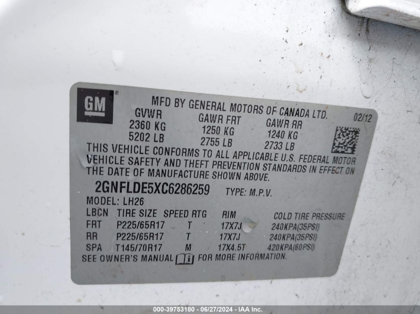 2012 Chevrolet Equinox 1Lt VIN: 2GNFLDE5XC6286259 Lot: 39753180