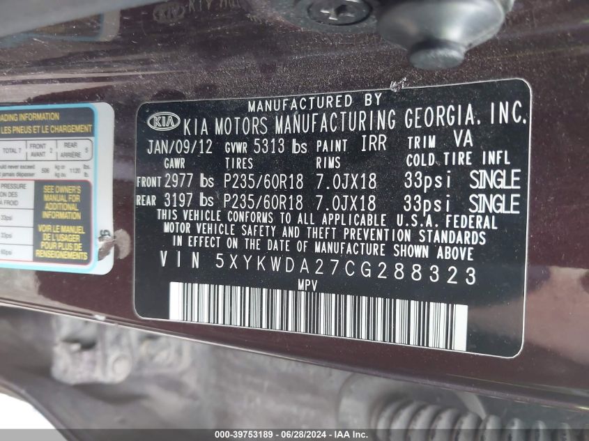2012 Kia Sorento Sx V6 VIN: 5XYKWDA27CG288323 Lot: 39753189