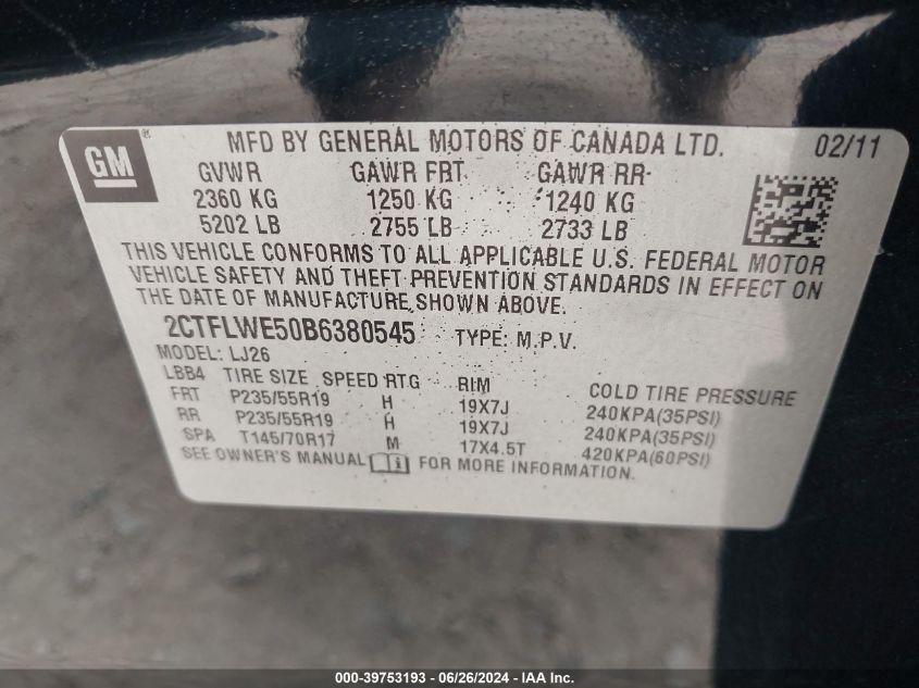 2011 GMC Terrain Slt-2 VIN: 2CTFLWE50B6380545 Lot: 39753193