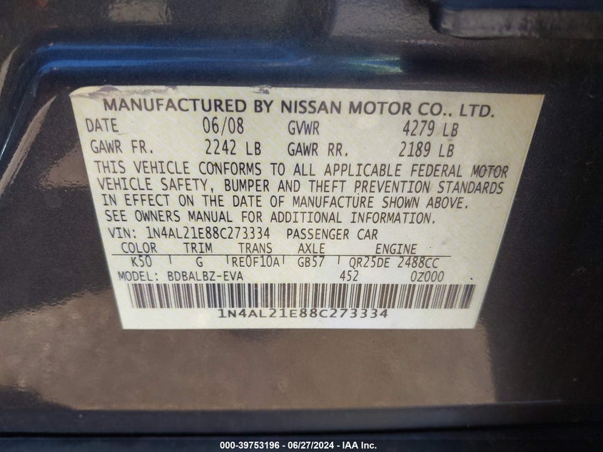 2008 Nissan Altima 2.5 S VIN: 1N4AL21E88C273334 Lot: 39753196
