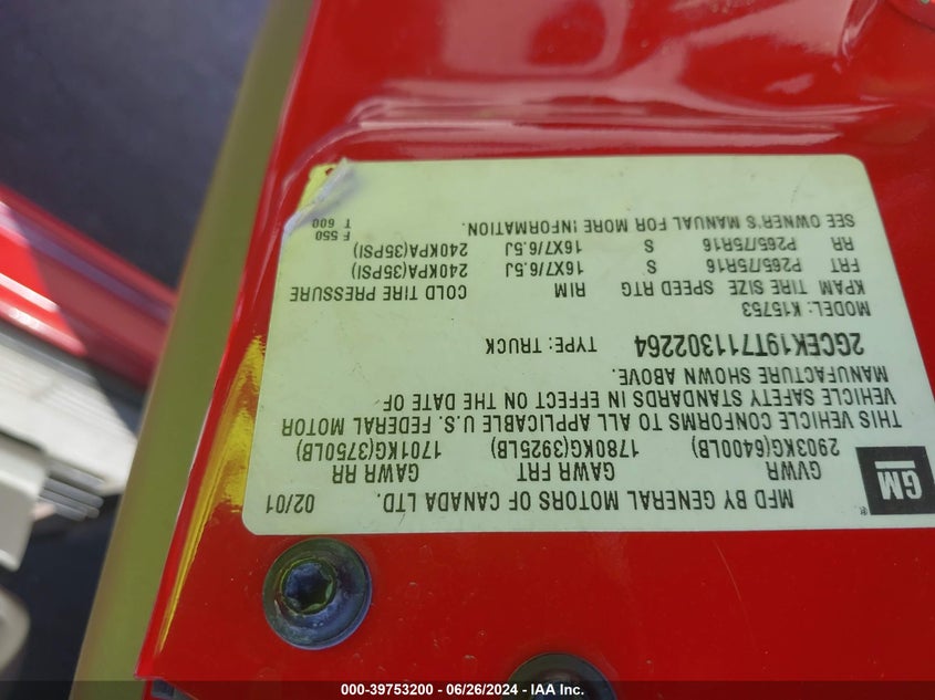 2001 Chevrolet Silverado 1500 Lt VIN: 2GCEK19T711302264 Lot: 39753200