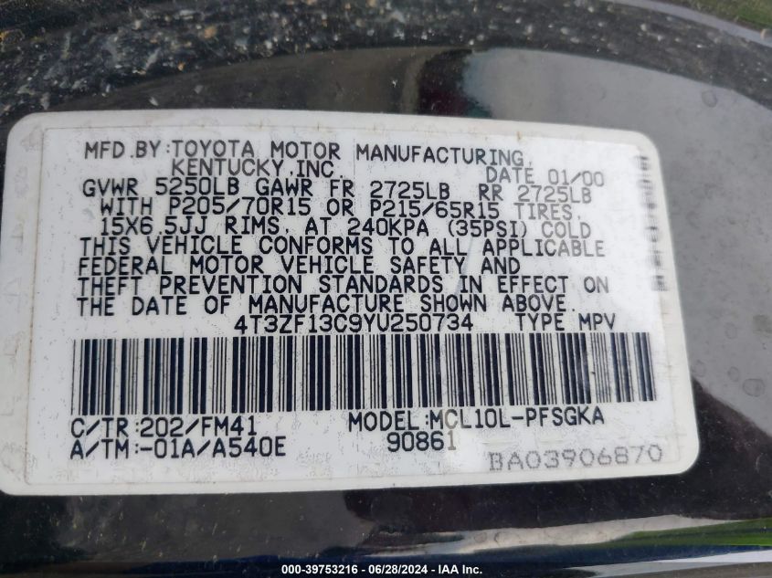 2000 Toyota Sienna Xle VIN: 4T3ZF13C9YU250734 Lot: 39753216