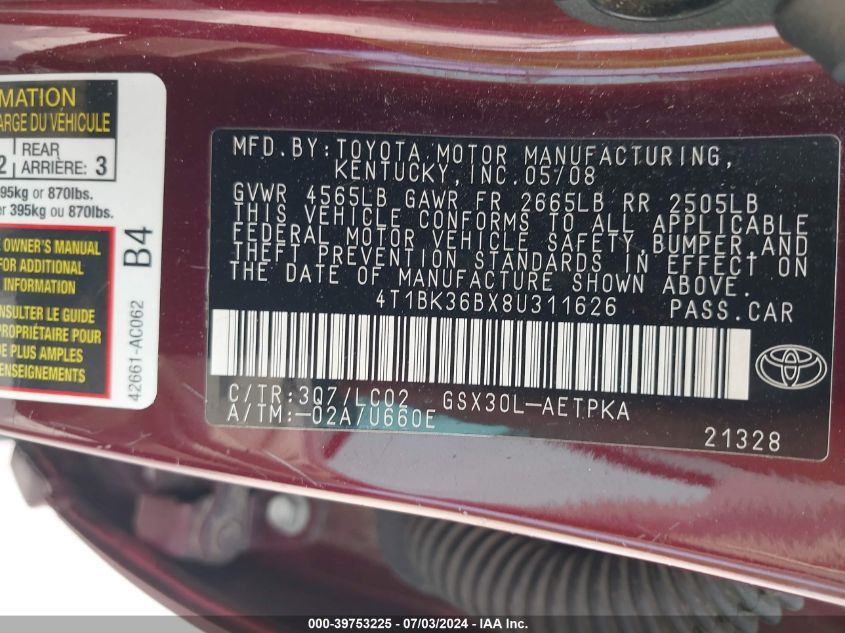 2008 Toyota Avalon Limited VIN: 4T1BK36BX8U311626 Lot: 39753225