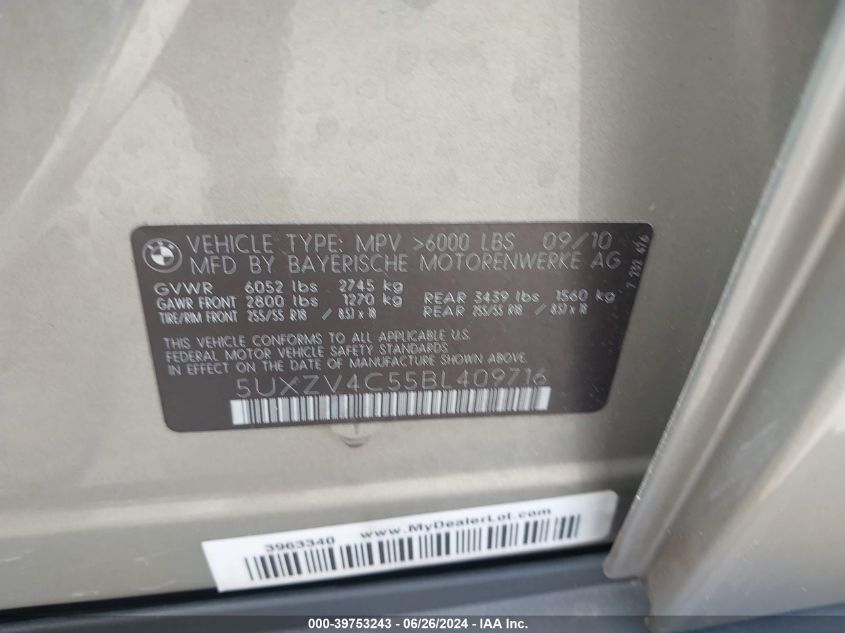 2011 BMW X5 xDrive35I/xDrive35I Premium/xDrive35I Sport Activity VIN: 5UXZV4C55BL409716 Lot: 39753243
