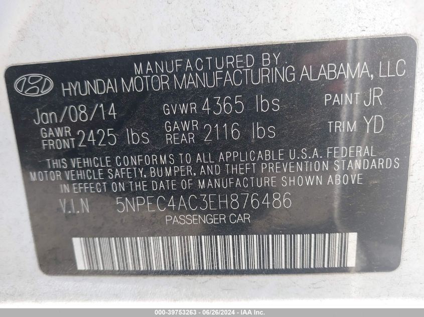 5NPEC4AC3EH876486 2014 Hyundai Sonata Limited