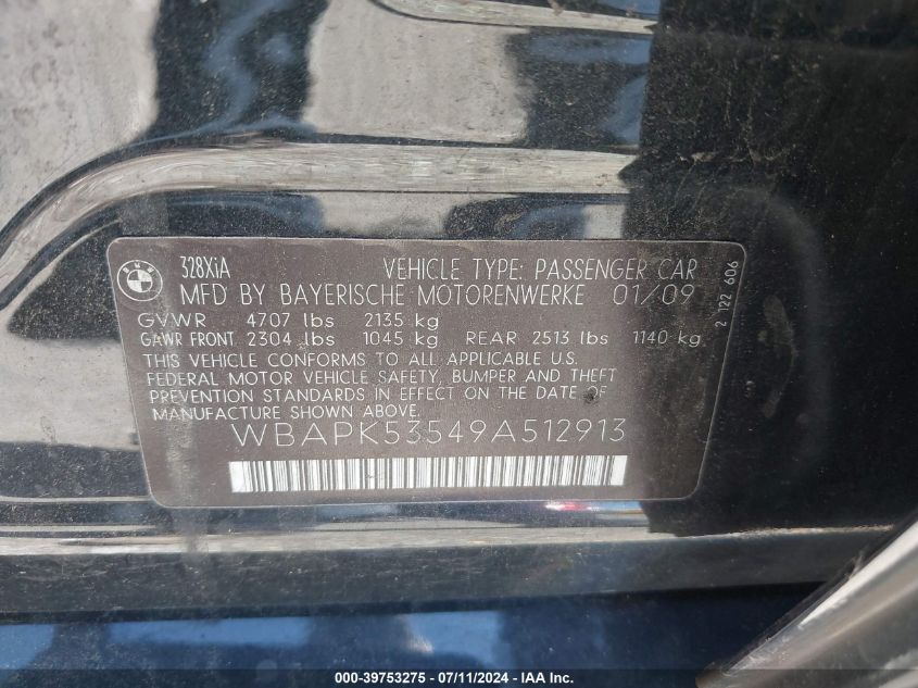 2009 BMW 328I xDrive VIN: WBAPK53549A512913 Lot: 39753275