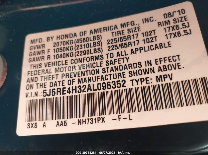2010 Honda Cr-V Lx VIN: 5J6RE4H32AL096352 Lot: 39753281