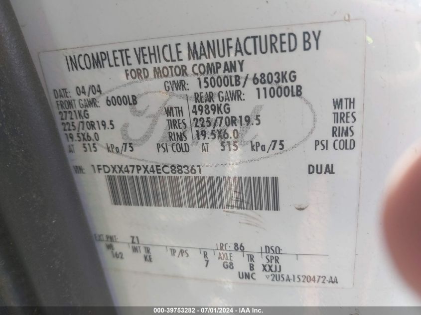 2004 Ford F-450 Lariat/Xl/Xlt VIN: 1FDXX47PX4EC88361 Lot: 39753282