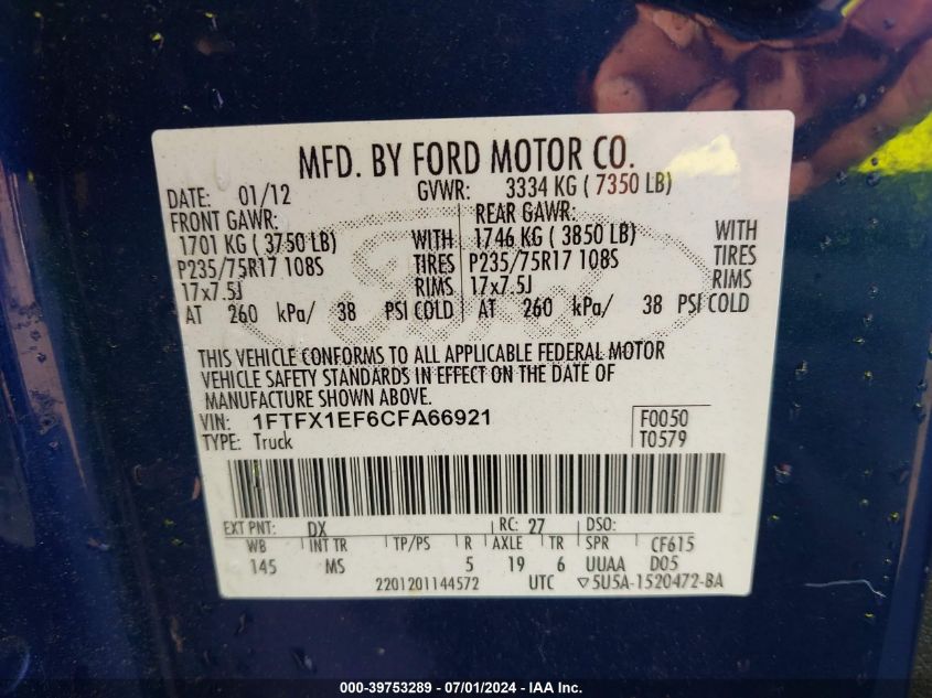 2012 Ford F-150 Xlt VIN: 1FTFX1EF6CFA66921 Lot: 39753289