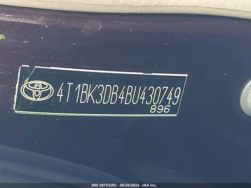 2011 Toyota Avalon VIN: 4T1BK3DB4BU430749 Lot: 39753292