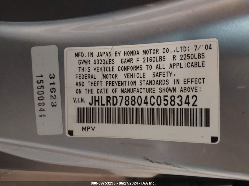 2004 Honda Cr-V Ex VIN: JHLRD78804C058342 Lot: 39753295