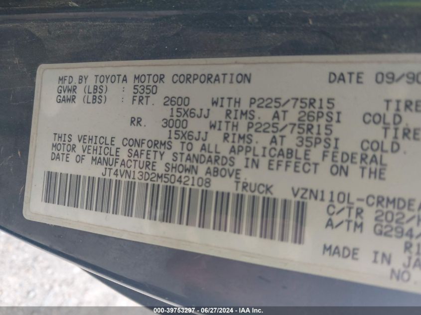 1991 Toyota Pickup 1/2 Ton Ex Lng Whlbse Dlx VIN: JT4VN13D2M5042108 Lot: 39753297