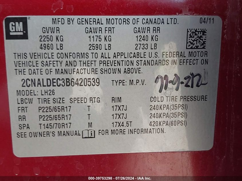 2011 Chevrolet Equinox 1Lt VIN: 2CNALDEC3B6420539 Lot: 39753298