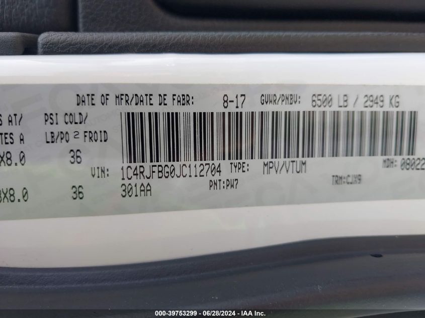 2018 Jeep Grand Cherokee Limited VIN: 1C4RJFBG0JC112704 Lot: 39753299