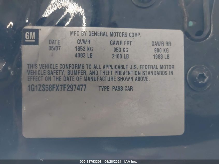 2007 Chevrolet Malibu Ls VIN: 1G1ZS58FX7F297477 Lot: 39753306