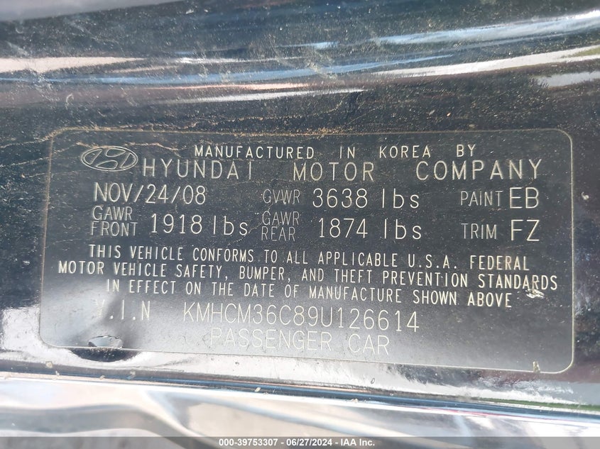 2009 Hyundai Accent Gs VIN: KMHCM36C89U126614 Lot: 39753307