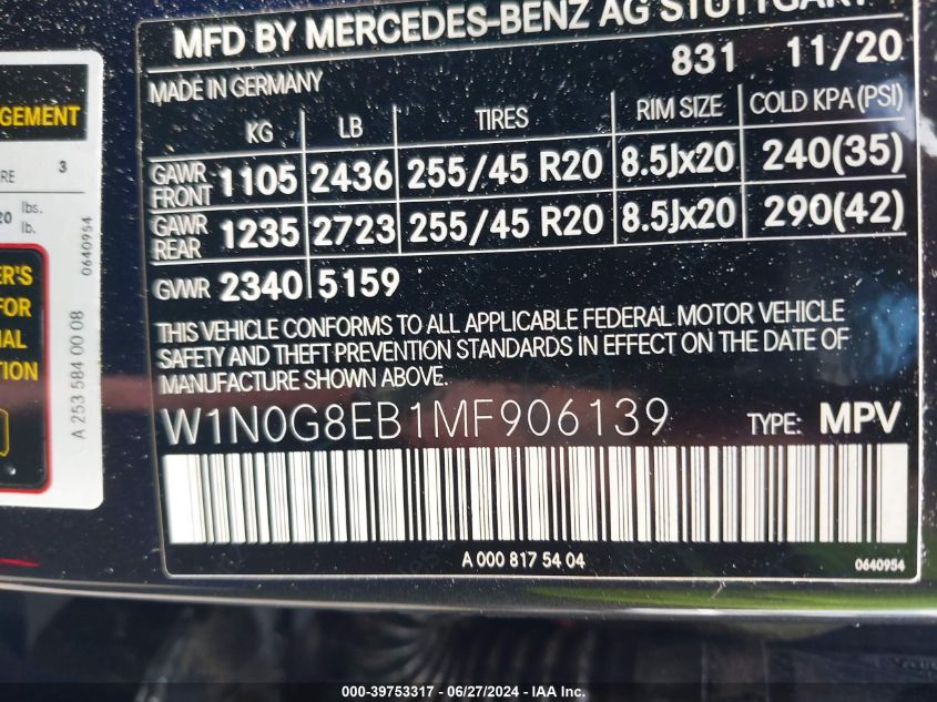 2021 Mercedes-Benz Glc 300 4Matic Suv VIN: W1N0G8EB1MF906139 Lot: 39753317