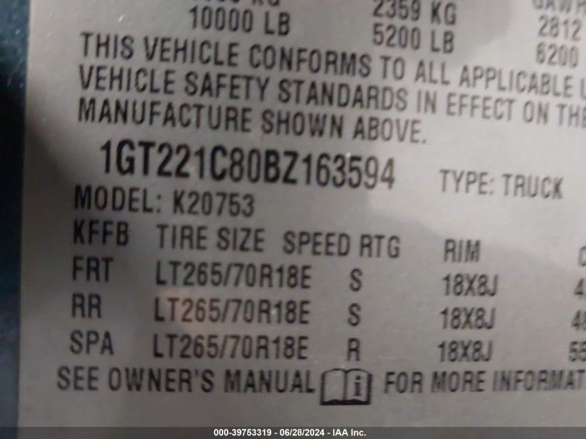 2011 GMC Sierra 2500Hd K2500 Slt VIN: 1GT221C80BZ163594 Lot: 39753319