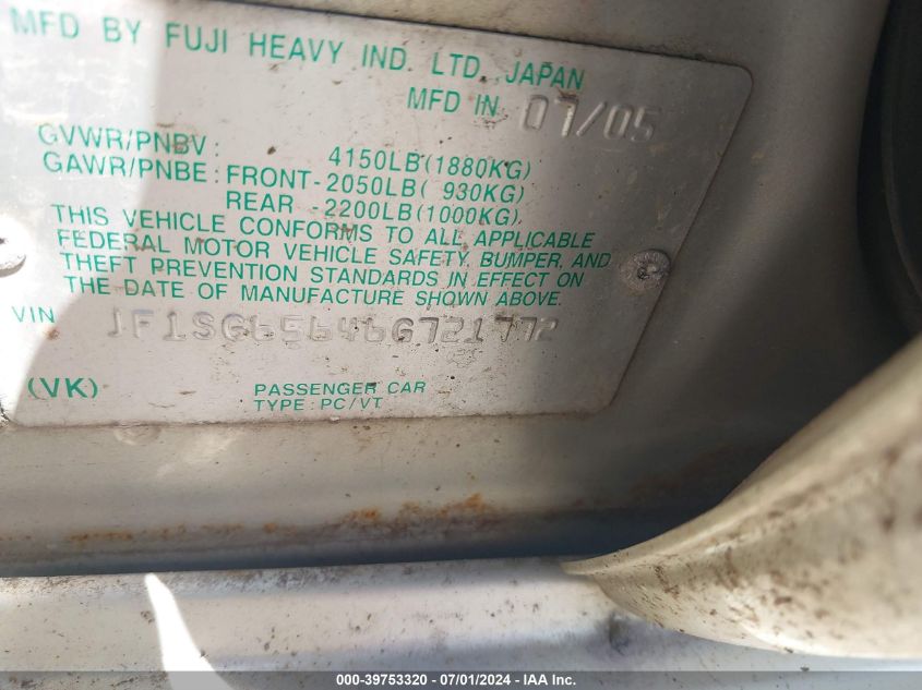 2006 Subaru Forester 2.5X VIN: JF1SG65646G721772 Lot: 39753320